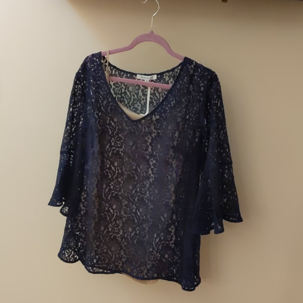 Plus size Navy lace top with cream under camisole